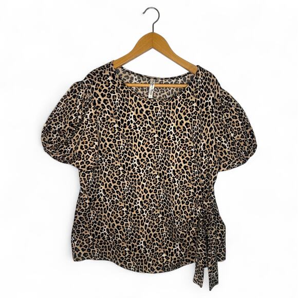 PerCeption Women's Puff Sleeve Top Blouse 2X Black Brown Chetah Animal Print - Picture 1 of 8